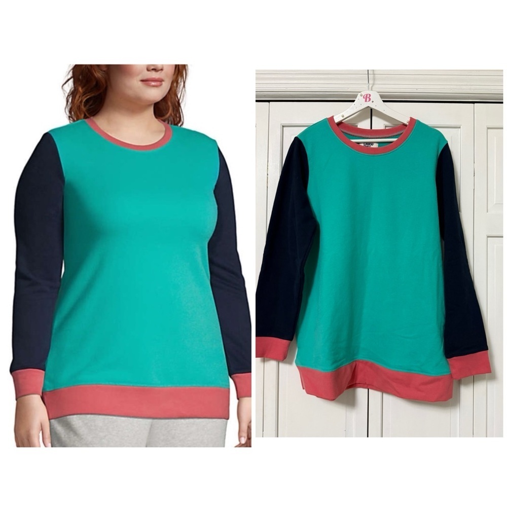 Lands' End Teal and Coral Colorblock Crewneck Serious Sweats Sweatshirt Cozy